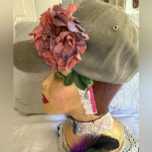 Distressed Tan Baseball Cap Hat with Fabric Flower Appliqué OS